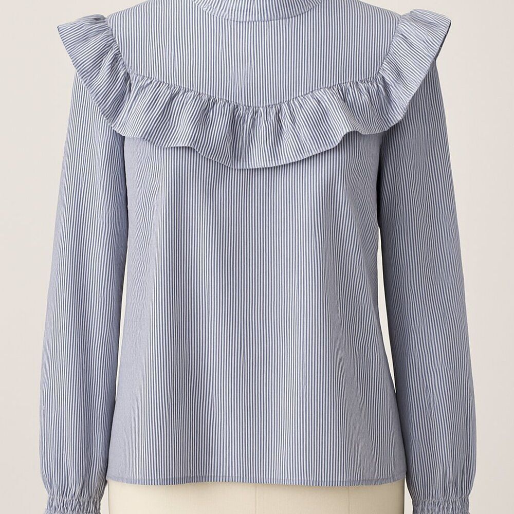 a.n.a. Ruffle Front Pinstripe Blouse Keyhole Back Long Sleeve Size Small EUC